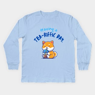 Shiba Drinking Boba Having a Tea-riffic Day Kids Long Sleeve T-Shirt